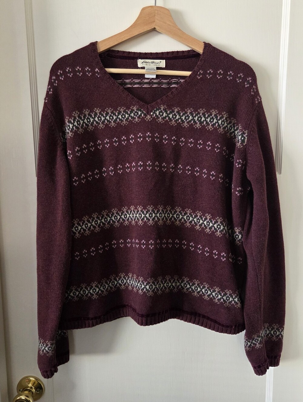 Eddie Bauer Burgundy V-Neck Fair Isle Sweater
